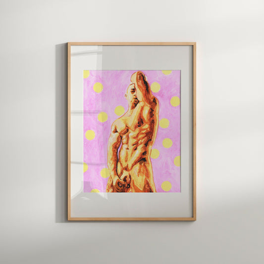 This image features a striking Giclée print titled "Pink & Polka Dot," which showcases a vibrant and artistic depiction of a male model figure. The artwork is characterized by its bold use of color, with shades of pink and yellow creating a lively, uplifting atmosphere.