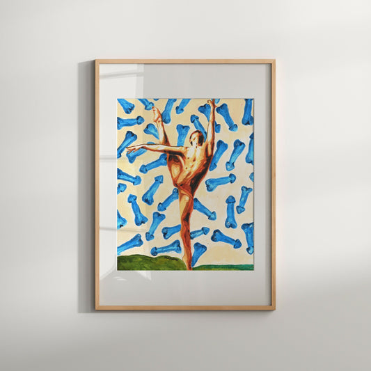This image displays a striking watercolor art print titled "Phallic," featuring an original painting that explores playful and provocative themes. The artwork depicts a male figure balletically posed with surrounded by a vivid array of phallic symbols in shades of blue, orange, and pink.