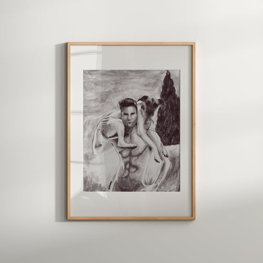 Full Nude Watercolor Art Print | Man with Dog | black & white | Gay Art Print | Homoerotic Art Print | Gay Male Art | Gay Couple Gift