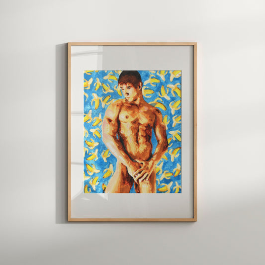 Relaxing Male Watercolor Art Print | Male Figure Art | Banana Print | Gay art | Body Art | Unframed Art Print | Impressionist Art Print