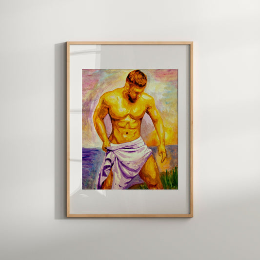 Man with Towel Gay Male Drip Painting Art Print | Gay Bathroom Decor | Visual Art | Giclee Art | Reality Art Print | Nude Art | Gay Art