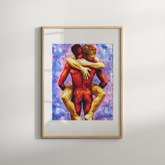 This image features a striking Giclée print of an original watercolor painting, capturing the essence of homoerotic love. The artwork depicts two nude males in a dynamic, intimate pose, with bold strokes and vibrant colors creating a powerful visual statement.