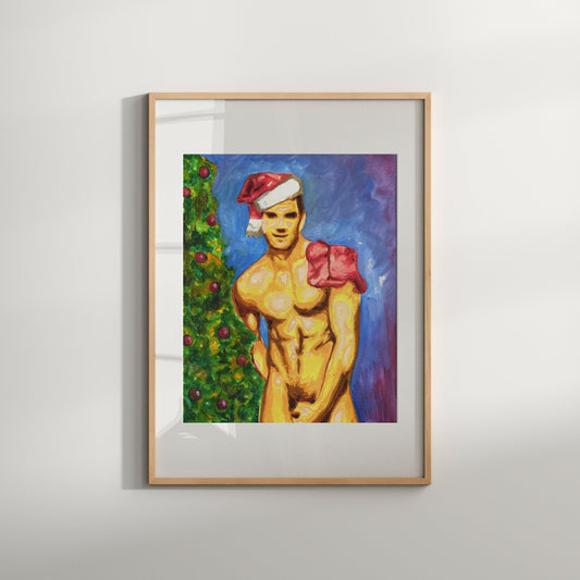 This image features a vibrant and colorful limited edition art print titled "Santa". It depicts a modern and playful watercolor painting of a male figure wearing a Santa hat and a pink bow, standing in front of a festive Christmas tree.
