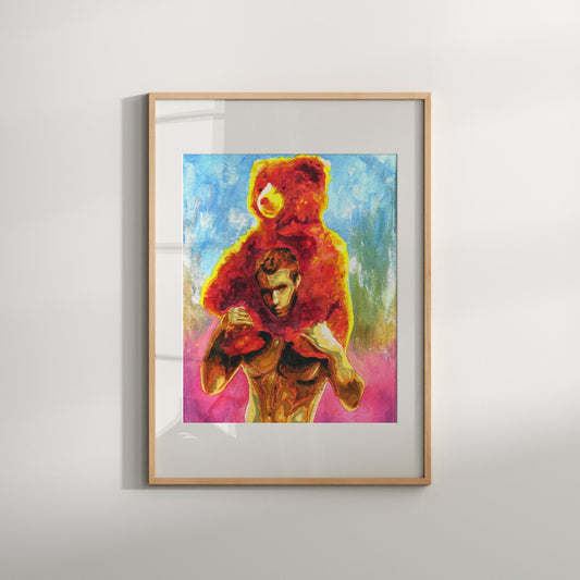 This image features a striking Giclée print titled "Teddy Bear," which portrays a vintage photo-inspired artwork. The artwork captures a male nude figure with a distinctive, colorful teddy bear-like costume, set against a vibrant and multicolored background.
