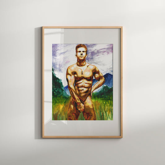 This image features a striking Giclée print titled "Hiking," which depicts an artistic male nude. The print captures a vivid and colorful portrayal of a muscular male figure set against a backdrop of soft, impressionistic strokes that suggest a serene, outdoor setting.