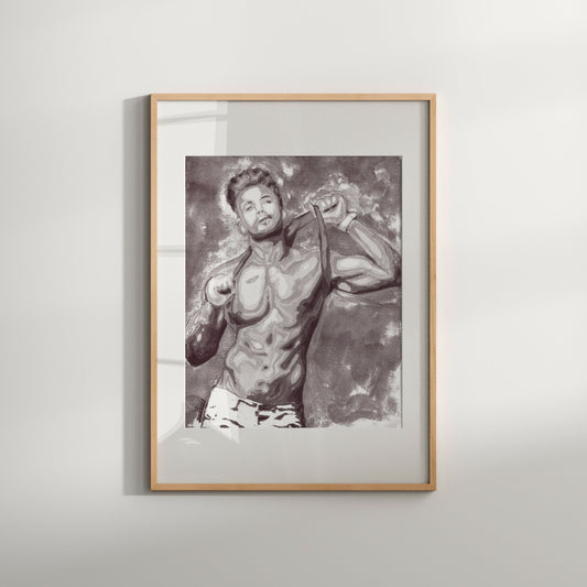 This image features a striking black and white art print of a nude male figure, presented in a Giclée style. The artwork is a limited edition, hand-signed and numbered by the artist, emphasizing its exclusivity and high quality.