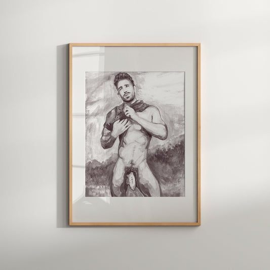 This image features a striking black and white illustration titled "Off the Shirt," showcasing a male nude figure. The artwork is rendered in a soft, realistic style with attention to shading and muscle detail, capturing a sense of movement and emotion.