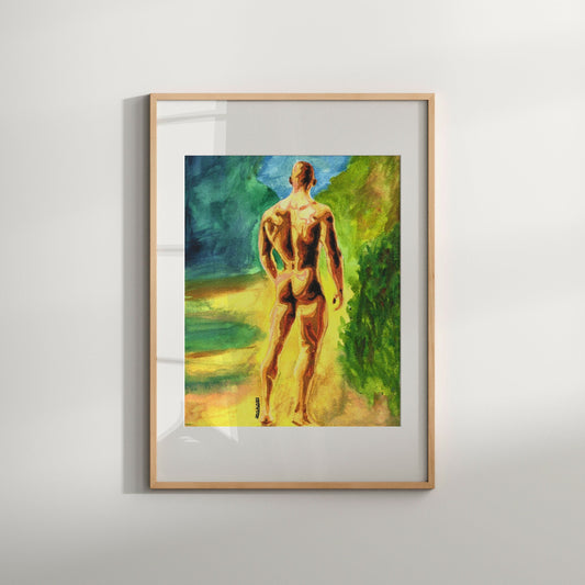 This image features a striking Giclée print titled "In the Forest." The artwork depicts an abstract and erotic scene with a male nude figure prominently displayed.
