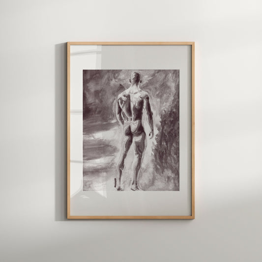 This image features a striking black and white art print titled "In the Forest." The print captures the elegance of a male nude figure, portrayed in a contemplative pose with a blurred, abstract background that adds an erotic dimension to the piece.