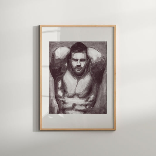 This image features a striking black and white art print titled "Manly (B&W)." It showcases a close-up portrait of a male figure, emphasizing the play of light and shadows across the contours of the body.
