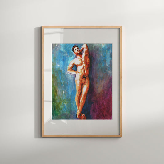 This image features a striking Giclée print titled "Garden," showcasing an artistic representation of a male figure in a state of nudity. The figure is depicted in a pose that highlights its muscular build and aura of confidence.