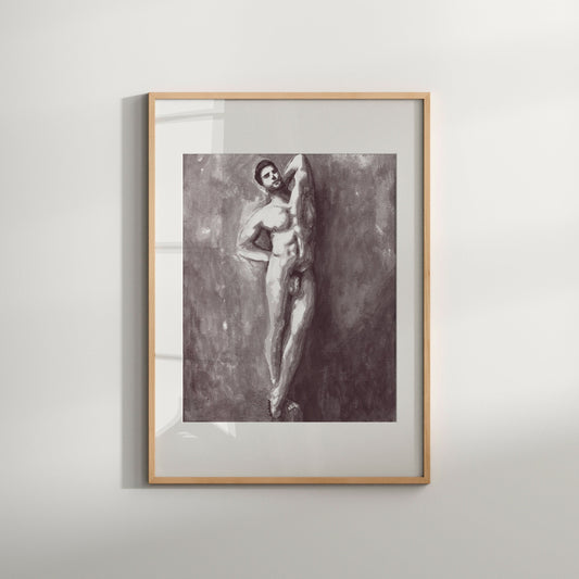 This image features a striking black and white art print titled "Erotic Position," which depicts a male figure in a contemplative and erotic pose. The figure, partially draped with a cloth, showcases a muscular torso and a pose that highlights both the grace and the power of the human form.