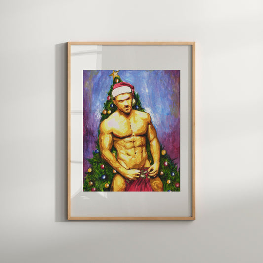 This image features a striking Giclée print titled "Santa," which portrays a muscular male figure dressed in a Santa hat, standing against a vibrant and colorful Christmas-themed backdrop. The artwork is characterized by its bold and erotical portrayal, blending the festive spirit with a homoerotic aesthetic.