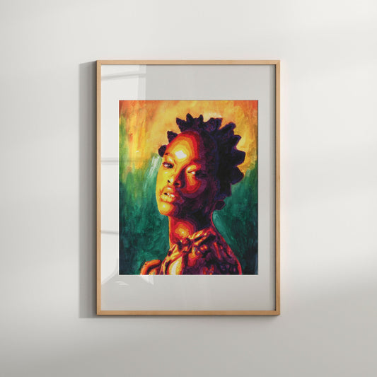 A colorful print of an abstract sketch of a black woman's face and hair, framed in a light wood frame.