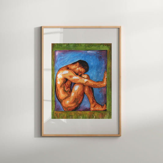 This image features a striking Giclée print of an original watercolor painting, titled " Inside Cube." The artwork depicts a male figure rendered in bold, vibrant colors, primarily in shades of blue and green, highlighting a moment of introspection and strength.