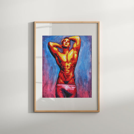 This image features a striking limited edition Giclée print titled "Pink Pants," presented in a vibrant and abstract style. The artwork captures the figure of a male, depicted in a pose that conveys a sense of relaxation and self-assurance.