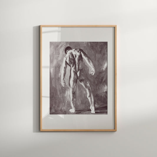 This image features a striking black and white art print titled "Adam in the Garden of Eden." The print captures a sensuous and abstract depiction of a male nude figure, emphasizing the play of light and shadow across the figure's muscular form.