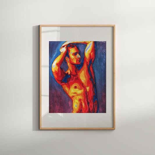 This image features a striking Giclée print titled "Modeling," which portrays an erotic sketch of a naked male figure. The artwork is vibrant and colorful, capturing the male figure in a flattering and artistic pose.