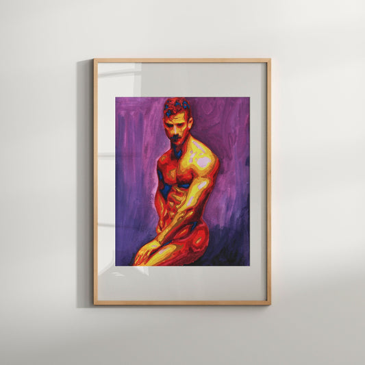 A framed watercolor painting of a shirtless male figure, with a warm color palette and abstract brush strokes, displayed on a white wall.