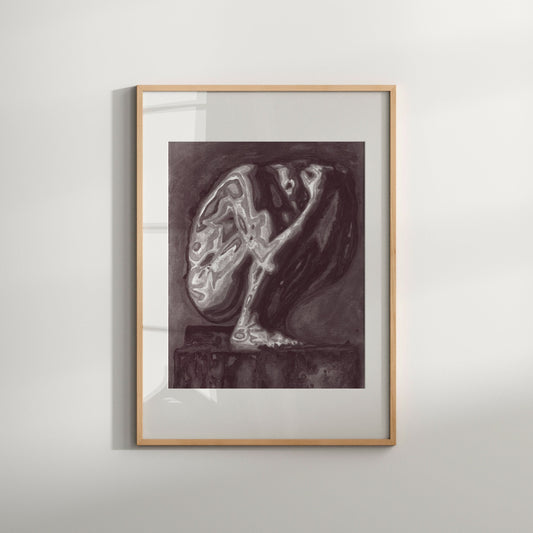 This image presents a striking black and white art print features a gripping, abstract depiction of a male figure in a contorted and vulnerable pose.