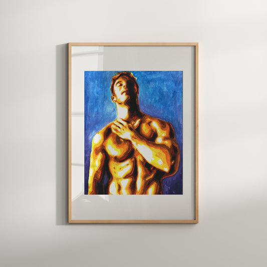 This image features a striking Giclée print of an original painting, presented in a simple, elegant frame. The artwork captures a vintage erotic photo of a male nude, emphasizing the play of light and shadows across the human form for a powerful and evocative visual effect.