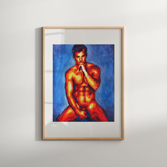 This image features a striking Giclée print titled "Biting Finger," which portrays a male nude figure in a vibrant and abstract style. The artwork is characterized by bold outlines and a rich, colorful palette with shades of orange, blue, and red predominating.