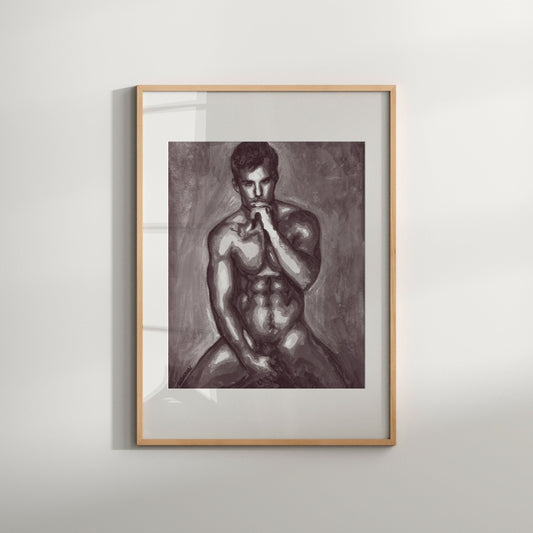 This image features a striking black and white print titled "Bite," which is a Giclée reproduction of an original painting. The artwork captures a male nude figure in a contemplative pose, emphasizing erotic and queer art themes.