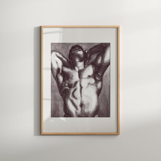 This image features a striking black and white print titled "Relaxation," which portrays a male figure in a state of rest. The artwork is a Giclée print on acid-free, PH-neutral archival paper, using Canon's high-quality pigment-based inks, ensuring a superb color gamut.