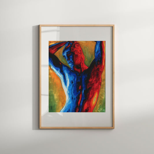 This image displays a striking art print featuring queer art man erotic watercolor naked men
