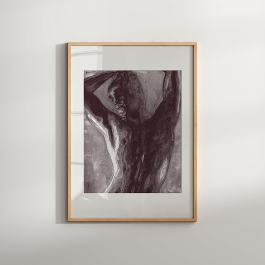 This image features a striking black and white art print titled "Light and Shadow," which highlights an abstract and erotic depiction of a male nude figure. The artwork is characterized by its bold contrasts of light and shadow, emphasizing the contours and curves of the human form in a poetic and evocative manner.