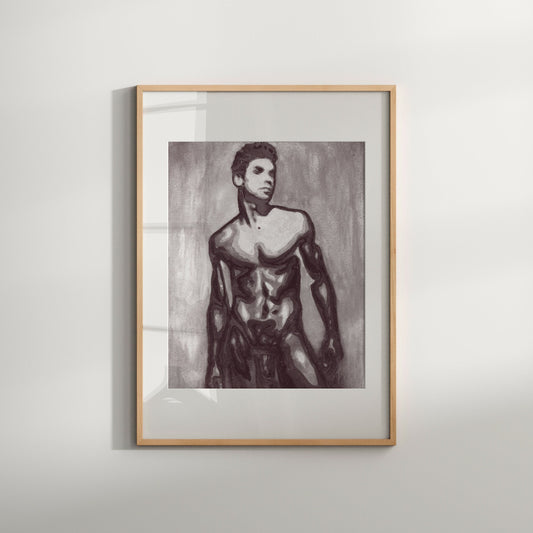 This image displays a striking black and white print titled "David 2020," created by artist Zak Mohammed. The artwork features a limited edition Giclée print of an original painting, capturing the essence of male full-frontal nudity.