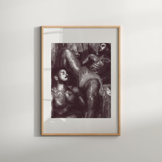 Black & White Gay Art Print featuring a Naked Male Couple in a Sauna. Perfect gift for Gay, Queer, and Homo-erotic Art enthusiasts.