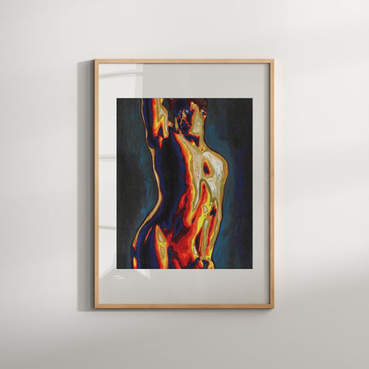 This image features an eye-catching art print titled "Statue," which is a part of the exclusive Sweet Spot collection. The artwork is a Giclée print of an original painting, showcasing a vivid and abstract depiction of a male figure.