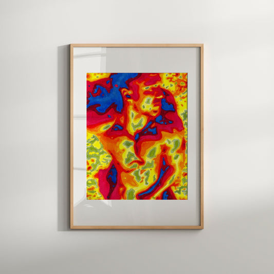 This image features a vibrant and colorful artwork titled "Sunny Day," which portrays a stylized, abstract depiction of a male nude figure. The artwork is characterized by a blend of warm and cool colors, creating a dynamic and eye-catching visual.