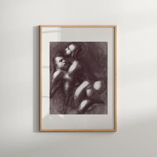 A black and white art print featuring a stylized, intimate depiction of a same-sex couple, framed within a simple rectangular frame.
