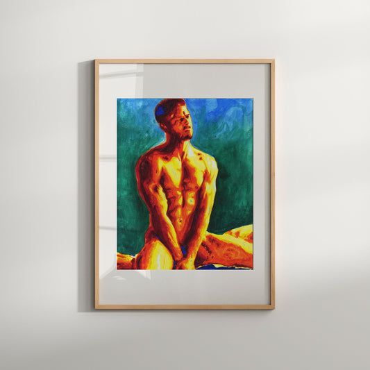 This image features a striking Giclée print titled "Beach Day," original artwork by Zak Pop Art. The print captures the essence of a vibrant and erotic scene, portraying a nude male figure seated, with a blend of warm and cool hues that create a captivating contrast.