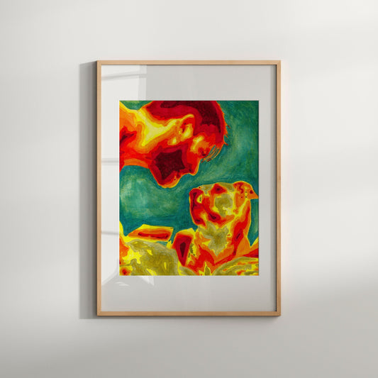 A colorful art print featuring a painting with a male figure and a dog's face, framed in a light wood enclosure.