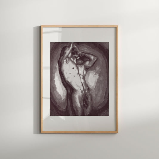 This image features a striking art print titled "Spotlight," which depicts a male figure rendered in a expressive, almost abstract style. The artwork is in black and white, emphasizing the play of light and shadow across the figure's muscular form.
