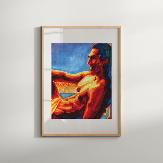 This image features a striking Giclée print titled "On the sand" by artist Zak Mohammed. The artwork is a vibrant and unique reproduction of an original painting, showcasing a male figure with a confident pose against a serene beach backdrop.