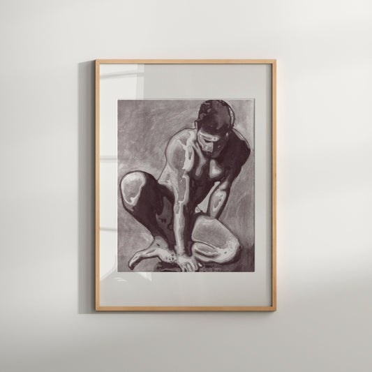 This image features a striking queer artwork print titled "Rest," portraying a nude male figure in a sensual and erotic pose. The artwork is captured in a palette of dark and light tones, emphasizing the contours and muscular tension of the figure.