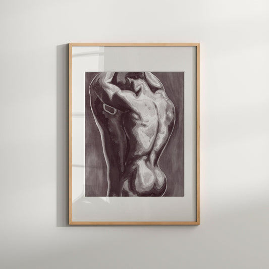 A black and white pencil drawing of a male nude back, framed in a light wood frame.
