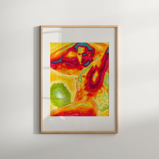 This image features a vibrant and colorful art print titled "South Beach Male," created by artist Zak Mohammed. The print is a Giclée reproduction of an original painting, showcasing a dynamic and abstract depiction of a male figure in a blend of warm and cool hues.