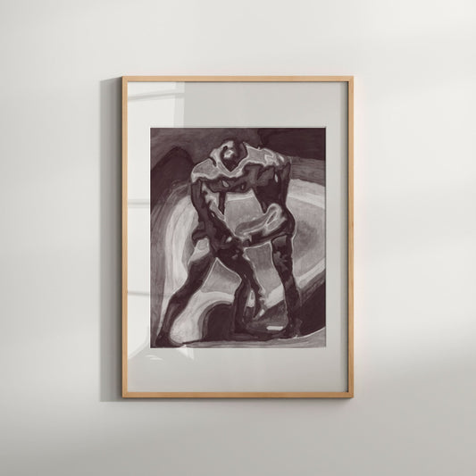 A black and white art print of a nude male figure in a dynamic, abstract pose, enclosed in a simple wood frame.