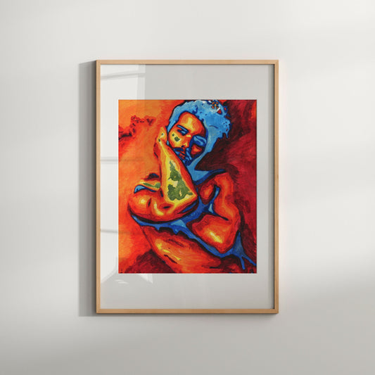 This image features a striking Giclée print of an original painting, showcasing a vivid and artistic depiction of a nude male figure. The color palette is bold and intense, with shades of orange, blue, and warm browns, creating a powerful visual impact.
