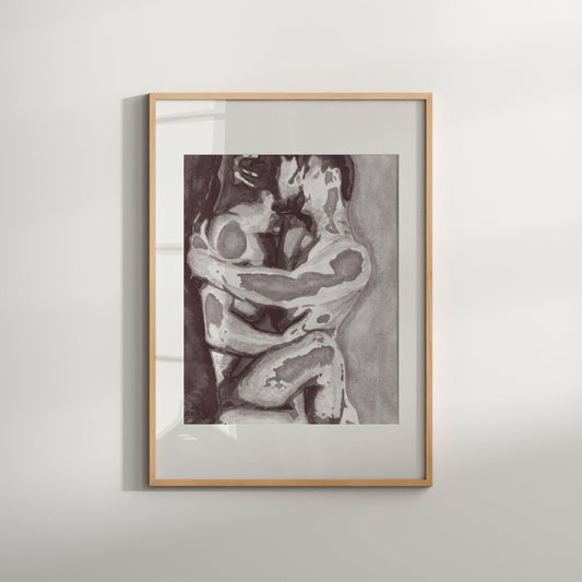 This image features a striking black and white art print titled "Love (B&W)," which depicts an erotic vintage photo of a nude male. The artwork captures a moment of intimate physical contact, emphasizing the beauty and depth of emotion in the pose.