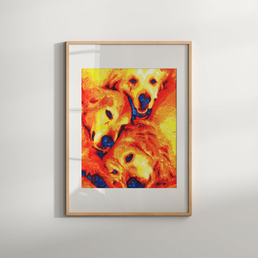 A framed art print featuring a vibrant and colorful depiction of three golden retriever dogs' heads in an orange and blue color palette.