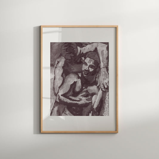 This image features a striking black and white art print titled "Morning Kiss," which depicts a male figure in a contemplative and sensual pose. The print is rendered in soft, muted tones, emphasizing the artistic and erotically charged nature of the subject.