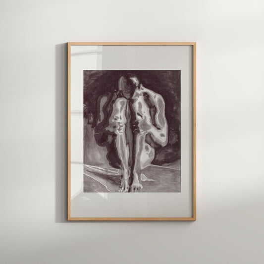 This image features a striking black and white art print titled "Lonly (B&W)." It depicts an expressive and sensuous painting of a reclining male figure, emphasizing themes of erotica and homoerotism.