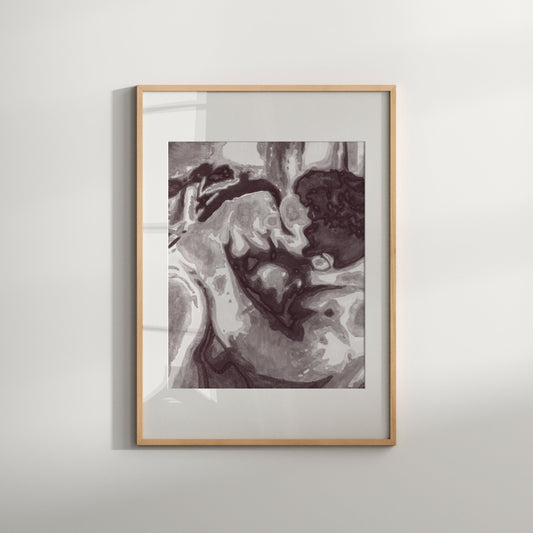 This image features a striking black and white print titled "The Kiss 3," queer art, showcasing an abstract depiction of a male figure in a sensual pose. The artwork is rendered in bold, fluid lines that emphasize the contours and form of the figure, highlighted by soft, warm tones that give it a sophisticated and evocative feel.