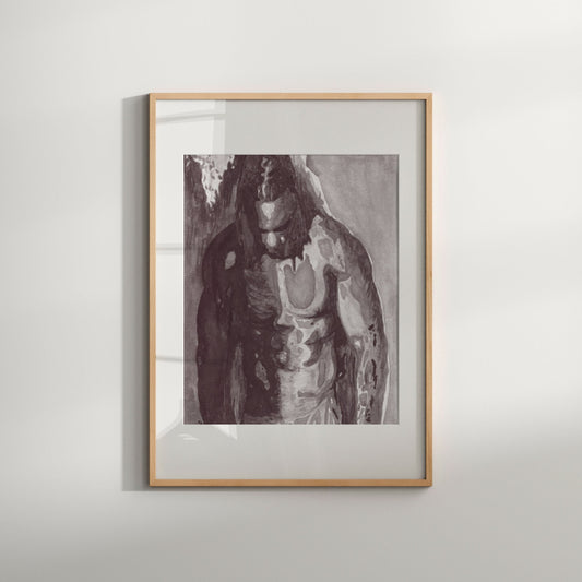 This image features a striking black and white print titled "Braids 2," which is part of a limited edition Giclée series. The artwork on display is a queer wall hanging that depicts a male figure with a powerful and erotic presence.